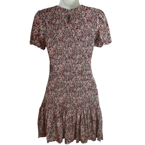 Pink Ditsy Floral Smocked Ruffled Mini Dress Puff Sleeves, Size Small | Mixology - Picture 2 of 11